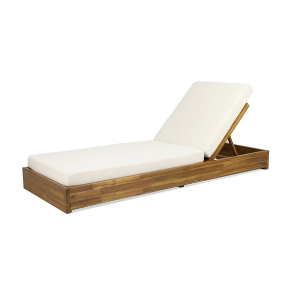 GDF Studio Lindero Outdoor Acacia Wood Armless Adjustable Chaise Lounge with Cushion, Teak, Cream