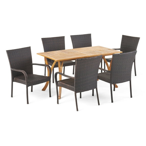 GDF Studio Lindy Outdoor Wicker and Acacia Wood 7 Piece Dining Set, Multibrown and Teak
