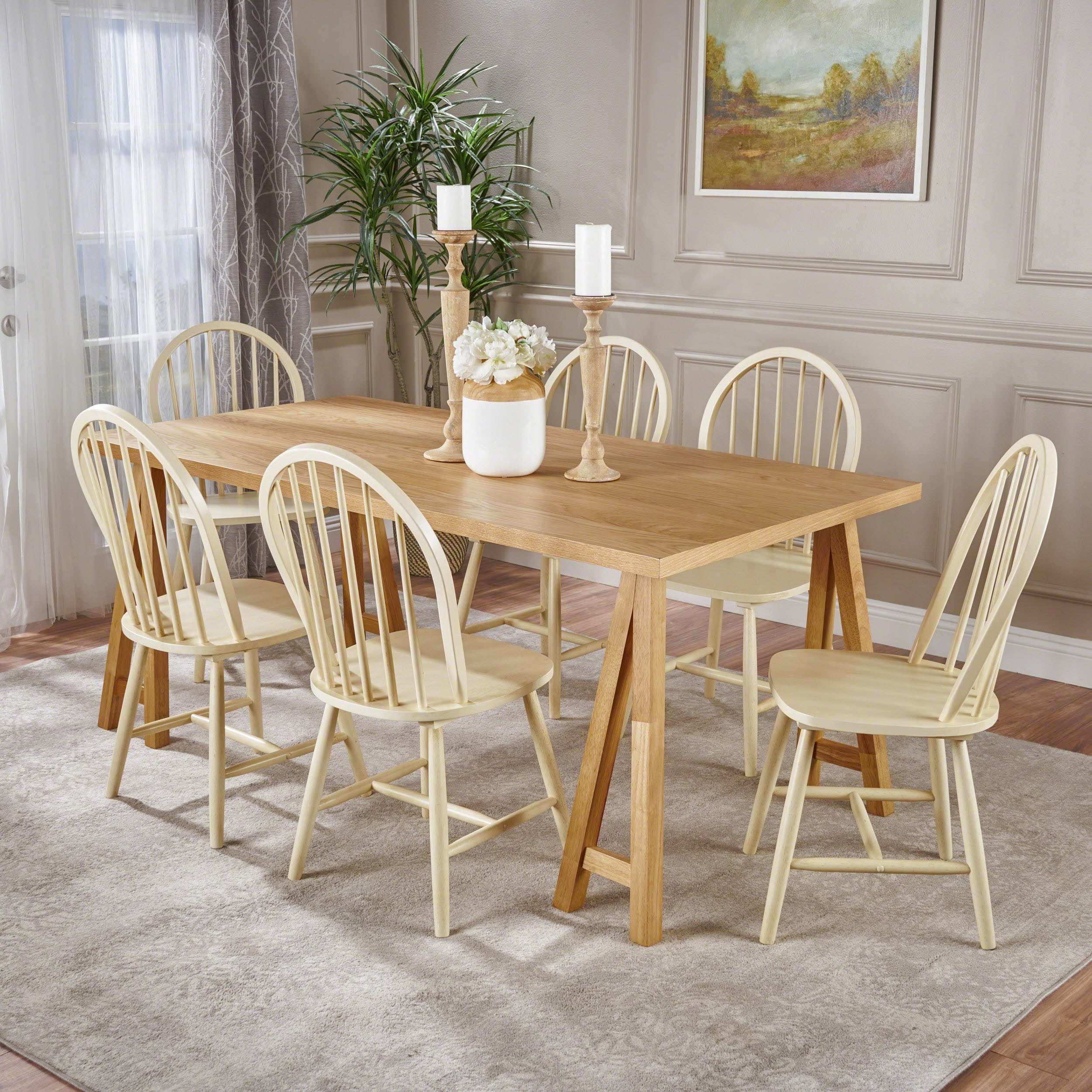 GDF Studio Lomond Farmhouse Wooden 7 Piece Dining Set, Natural Oak and ...