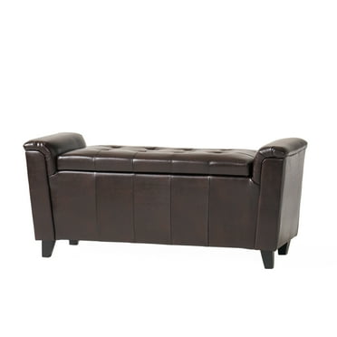 GDF Studio Louigi Contemporary Tufted Storage Ottoman Bench, Brown Faux Leather and Dark Brown