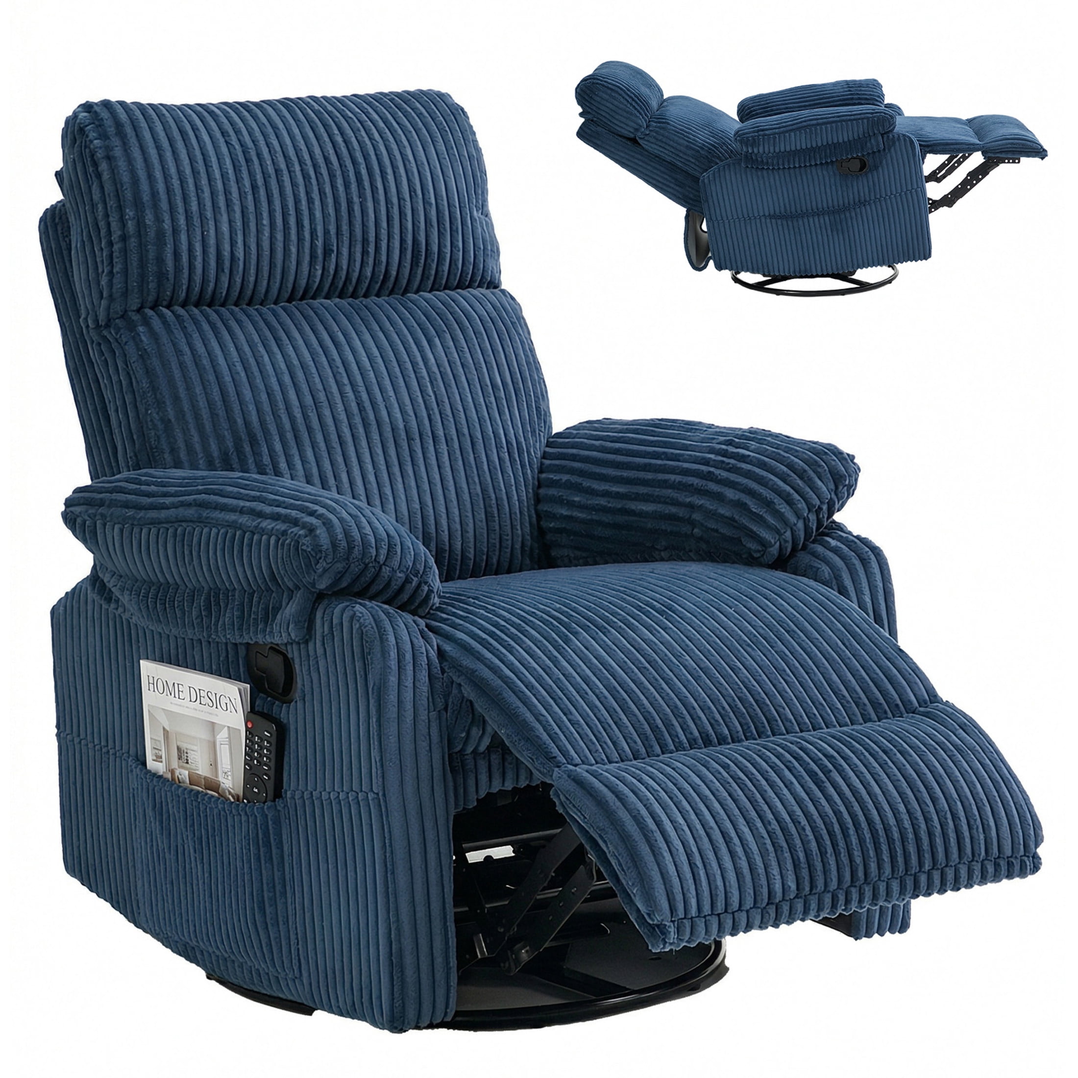 GDF Studio Louisa Compact Rocking Recliner for Nursery & Small Spaces, Modern Corduroy 360° Swivel Chair, Blue