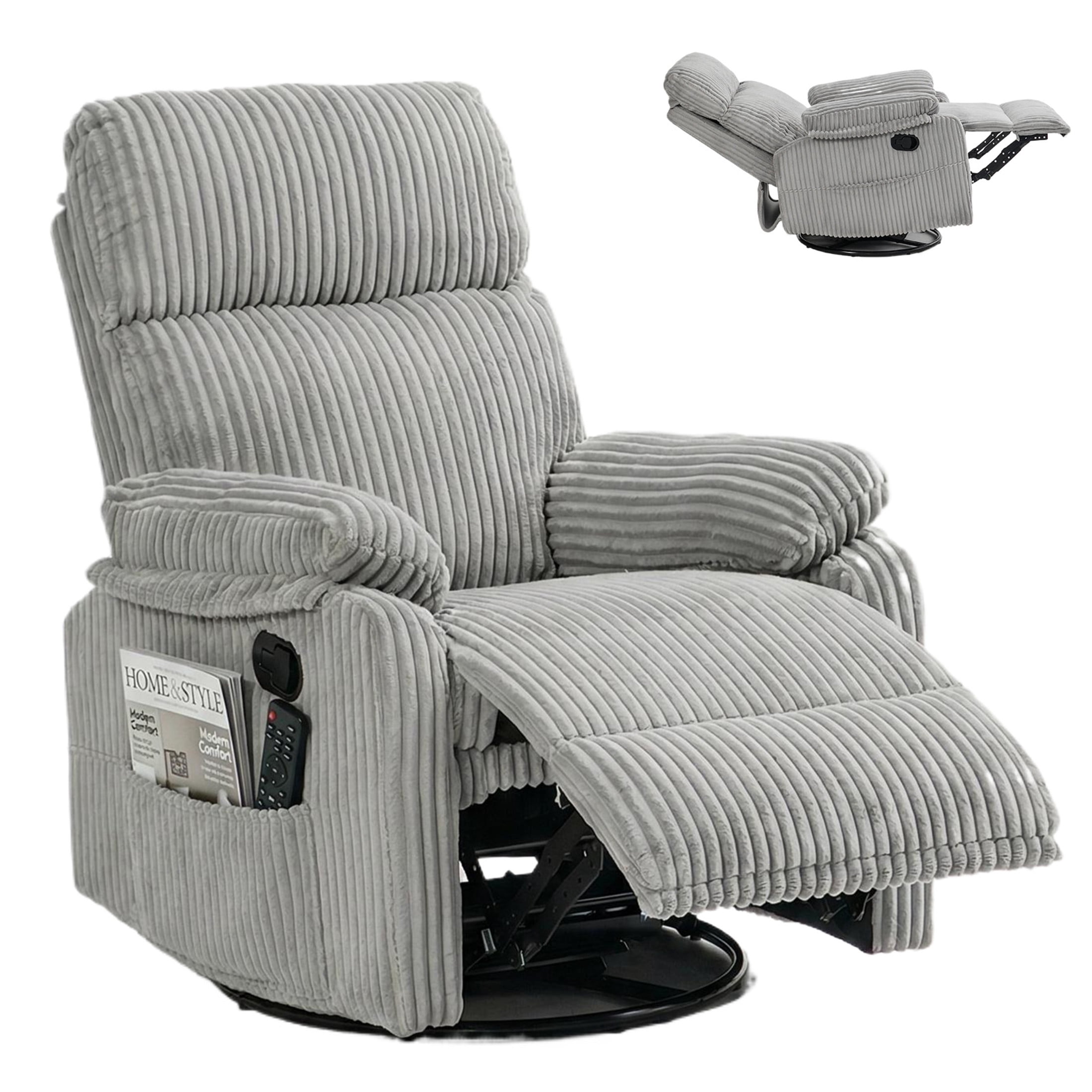 GDF Studio Louisa Compact Rocking Recliner for Nursery & Small Spaces, Modern Corduroy 360° Swivel Chair, Light Gray