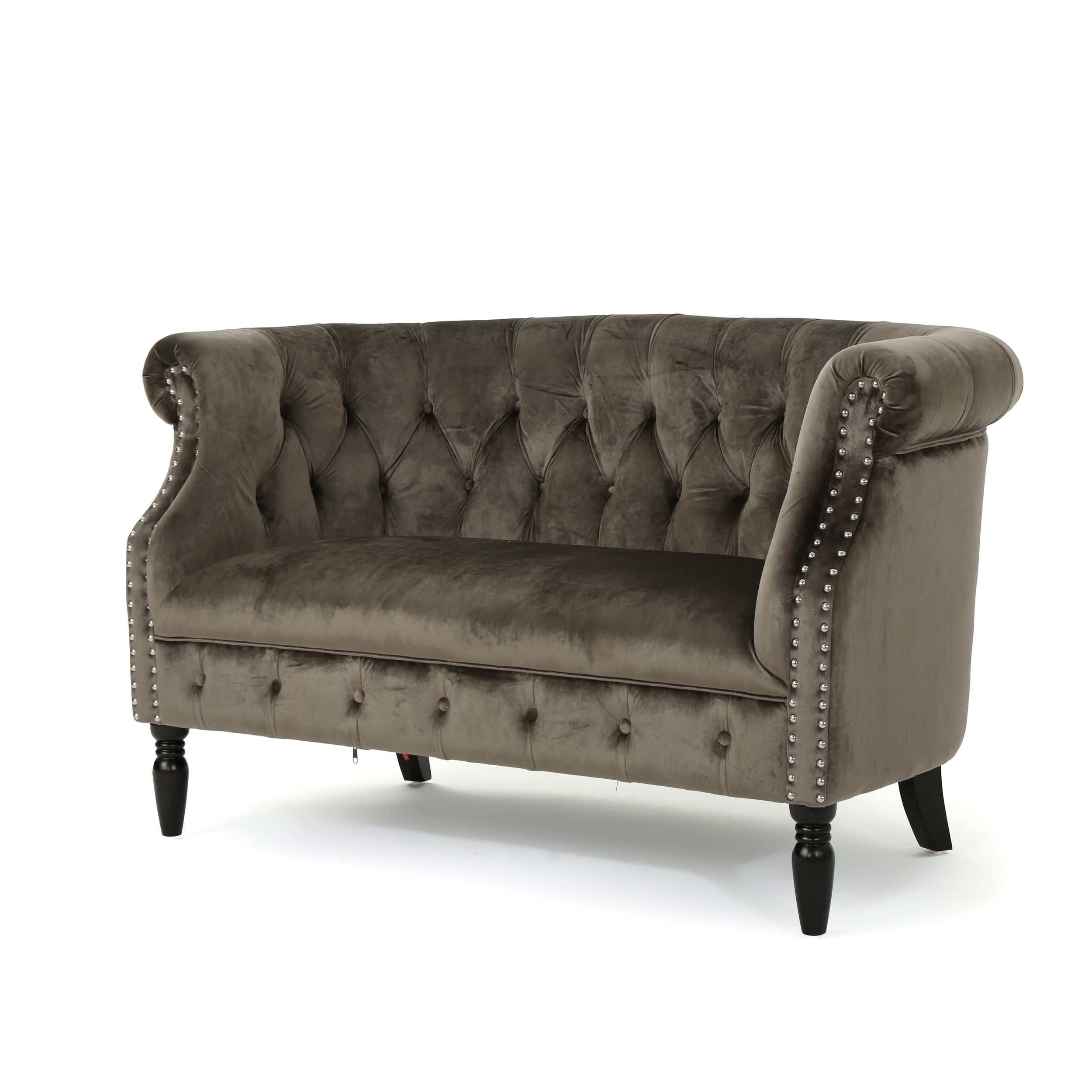 Chesterfield Gray Velvet Tufted Loveseat with Nailhead Accents