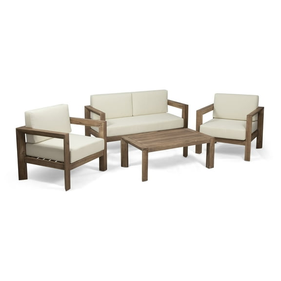 GDF Studio Lucia Outdoor Acacia Wood 4 Seater Chat Set with Cushions, Brown and Beige