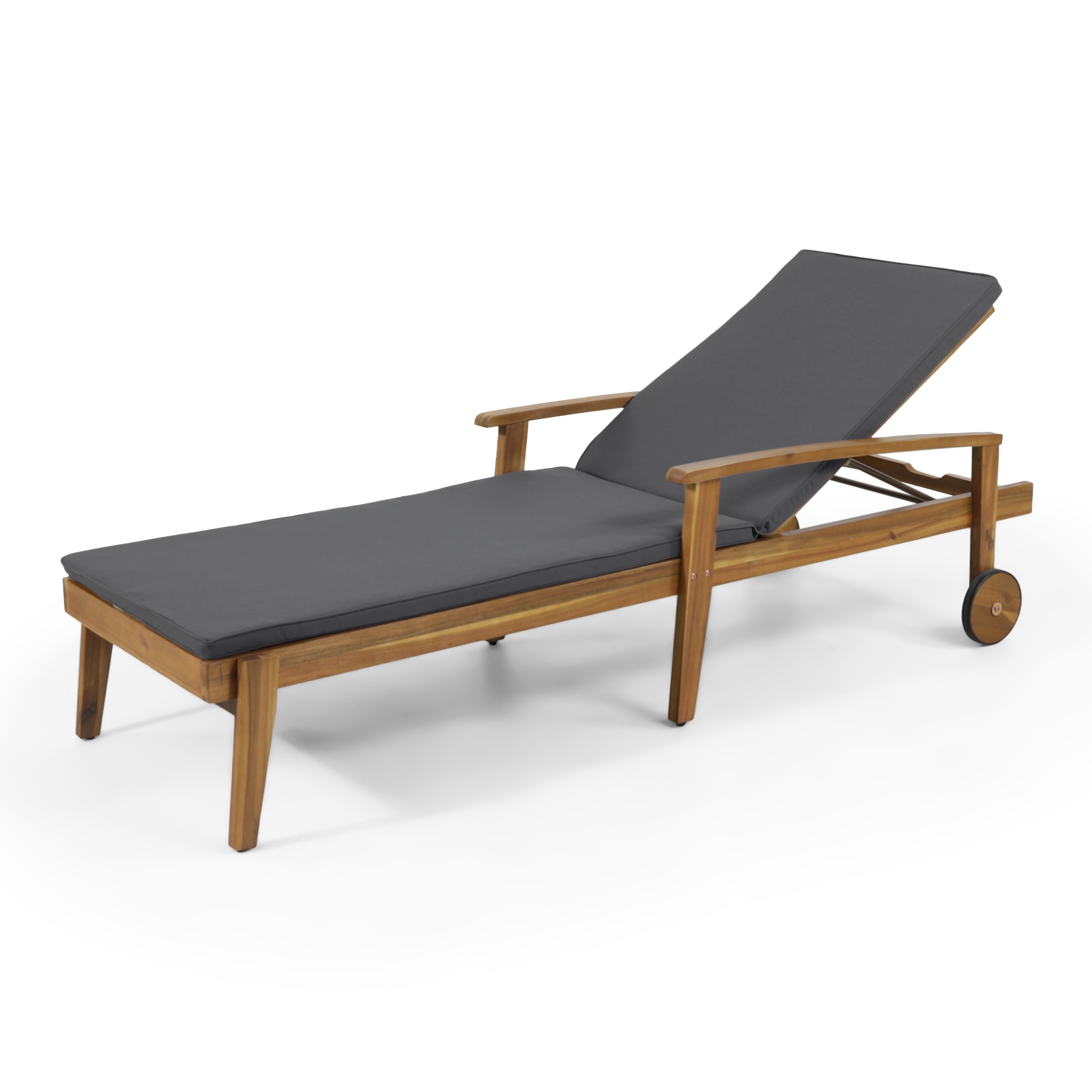 GDF Studio Lucknow Outdoor Acacia Wood Adjustable Chaise Lounge with Cushion, Teak and Dark Gray