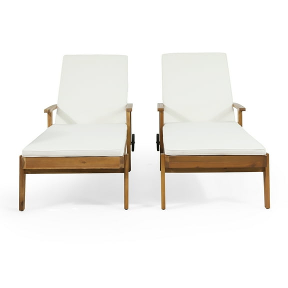 GDF Studio Lucknow Outdoor Acacia Wood Adjustable Chaise Lounges with Cushion, Set of 2, Teak and Cream