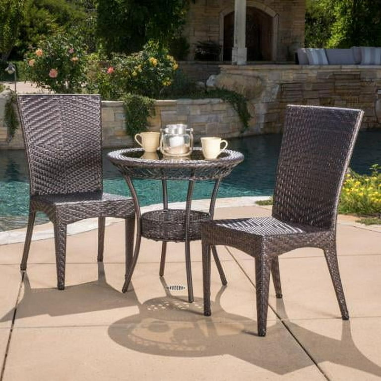 GDF Studio Lucrino Outdoor Wicker and Glass 3 Piece Bistro Set Brown