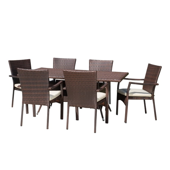 GDF Studio Luke Outdoor Wicker 7 Piece Dining Set with Cushion, Multibrown and Cream