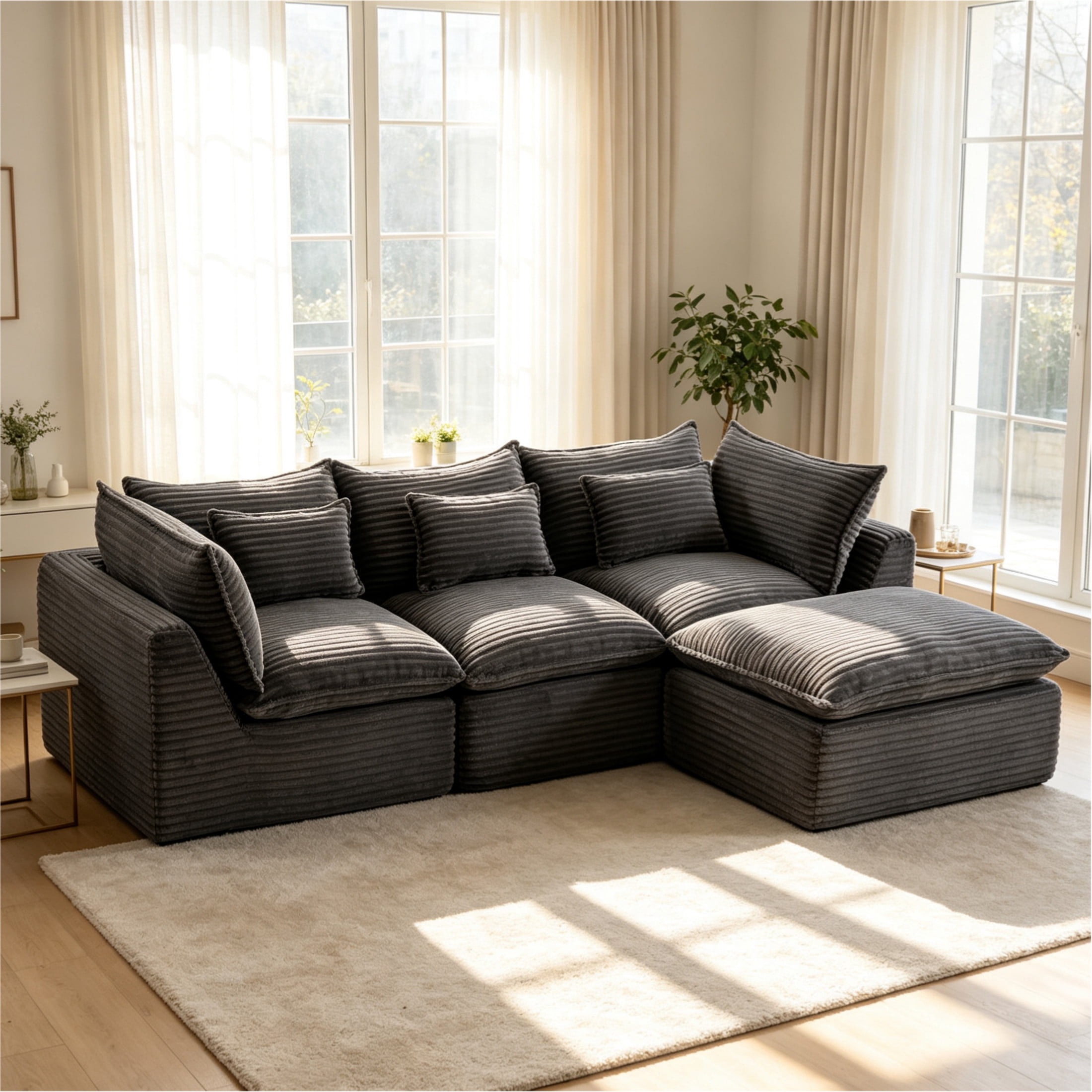 GDF Studio Lunas 102.3" Oversized Modular Corduroy Cloud Sectional Sofa, 3-Seat Comfy Couches with Ottoman, Grey
