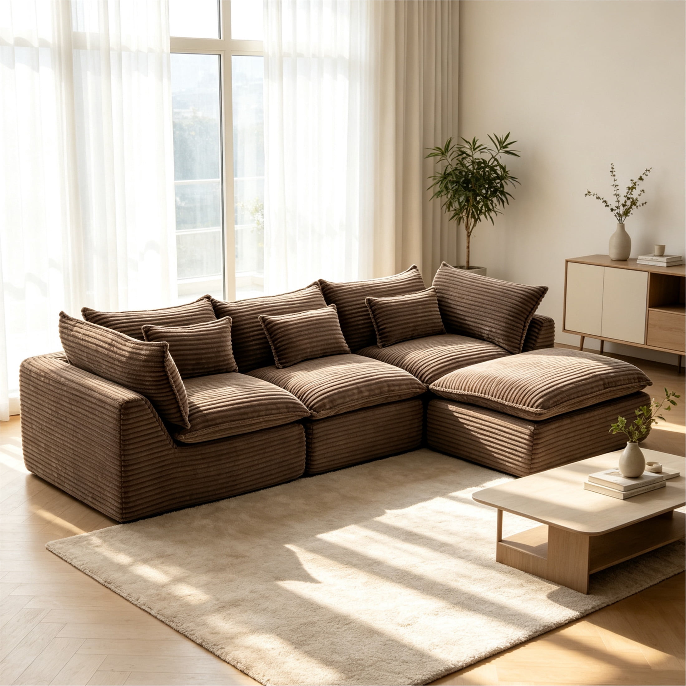 GDF Studio Lunas 102.3" Oversized Modular Corduroy Cloud Sectional Sofa, 3-Seat Comfy Couches with Ottoman, Khaki