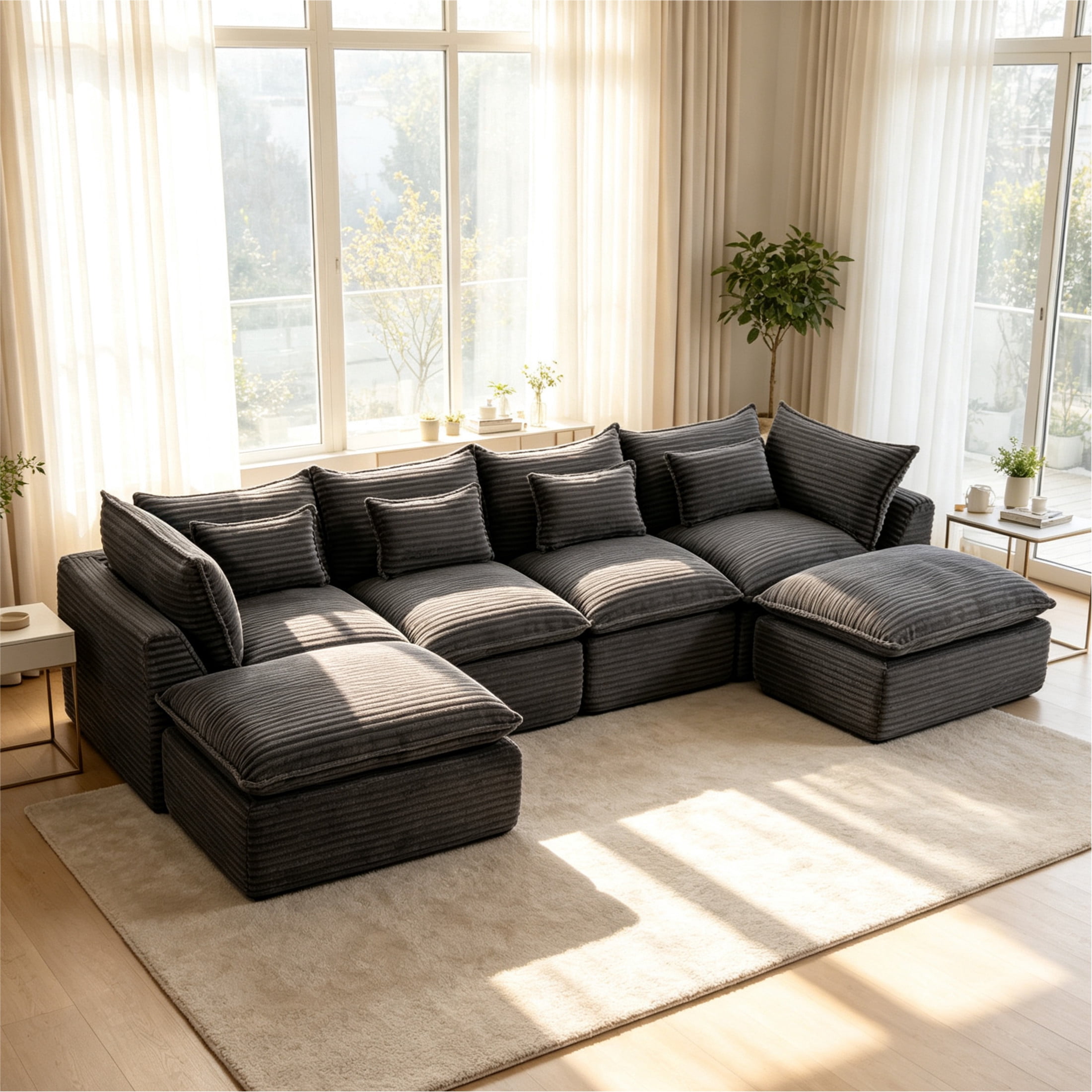 GDF Studio Lunas 129.8" Oversized Modular Corduroy Cloud Sectional Sofa, 4-Seat Comfy Couches with 2 Ottomans, Grey