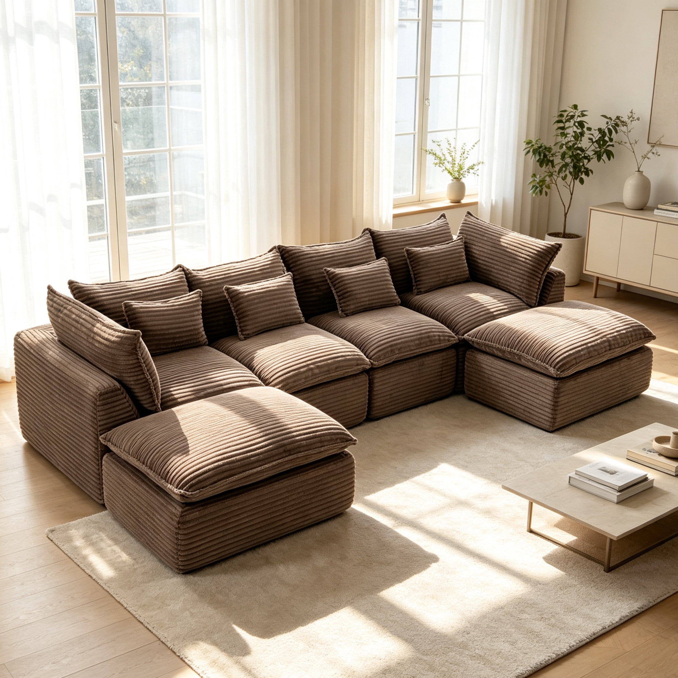 GDF Studio Lunas 129.8" Oversized Modular Corduroy Cloud Sectional Sofa, 4-Seat Comfy Couches with 2 Ottomans, Khaki