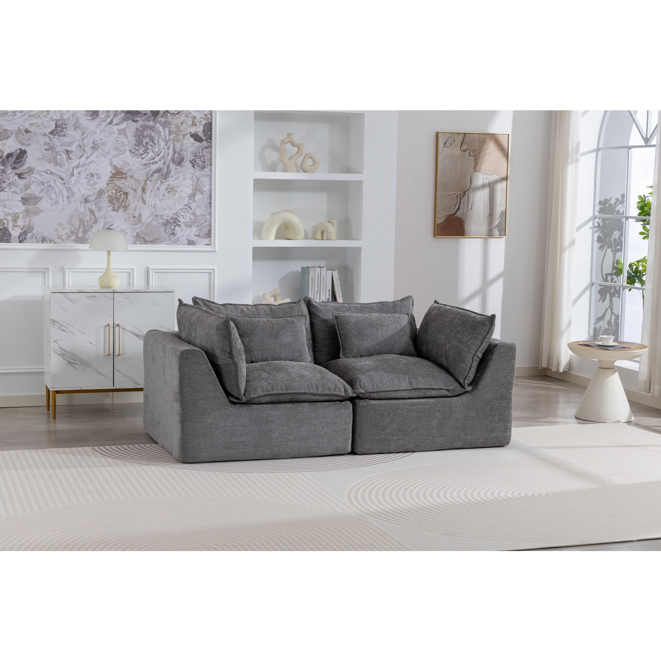 GDF Studio Lunas 74.8" Oversized Modular Cloud Waffle Fabric Sectional Sofa, 2-Seat Comfy Couch for Living Room, Grey