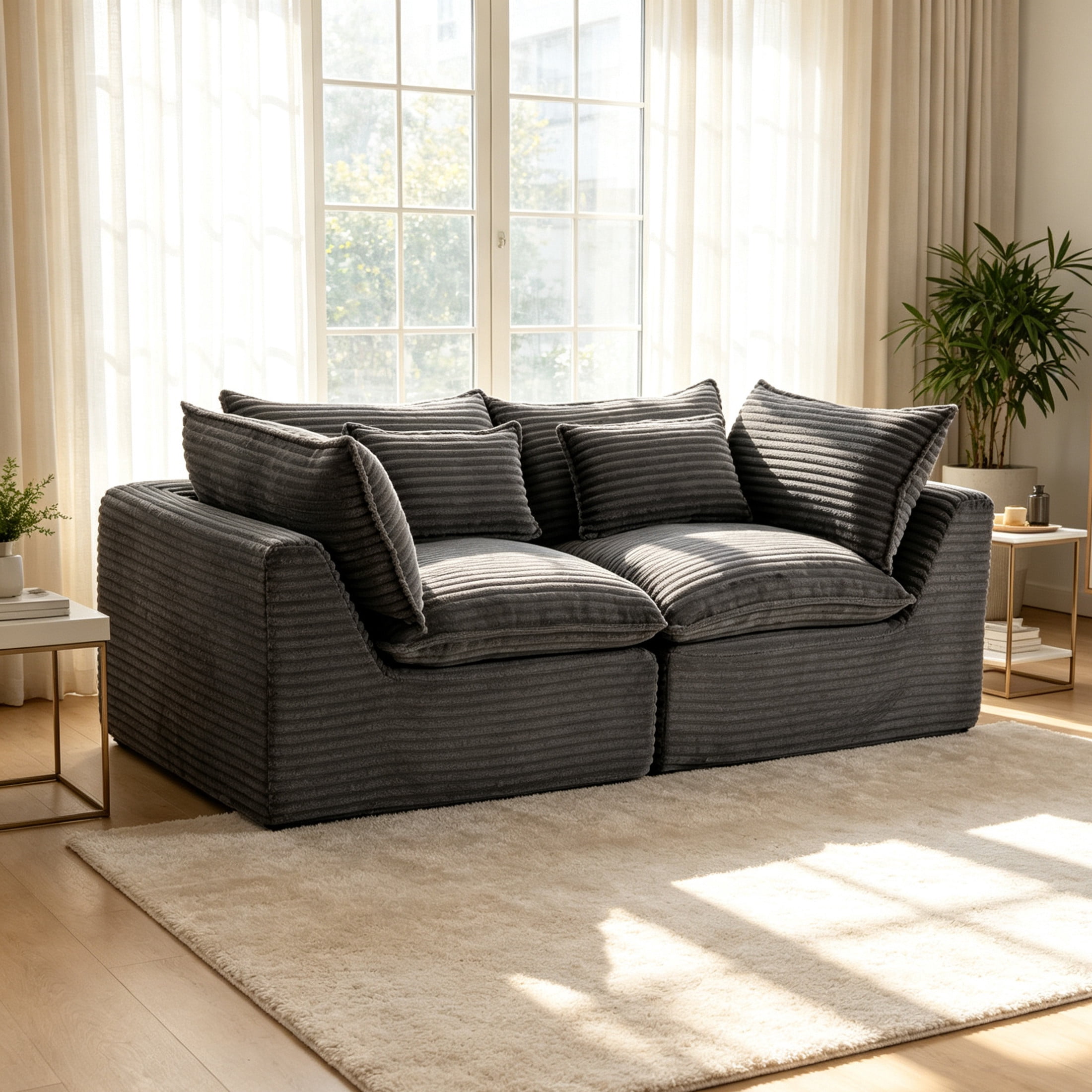 GDF Studio Lunas 74.8" Oversized Modular Corduroy Cloud Sectional Sofa, 2-Seat Comfy Couches for Living Room, Grey
