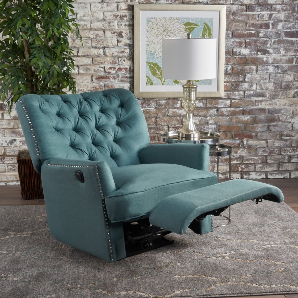 Dark Teal Tufted Wing Back Polyester Recliner