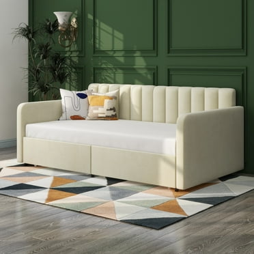Modern Velvet Upholstered Twin Size Daybed with Drawers, Beige