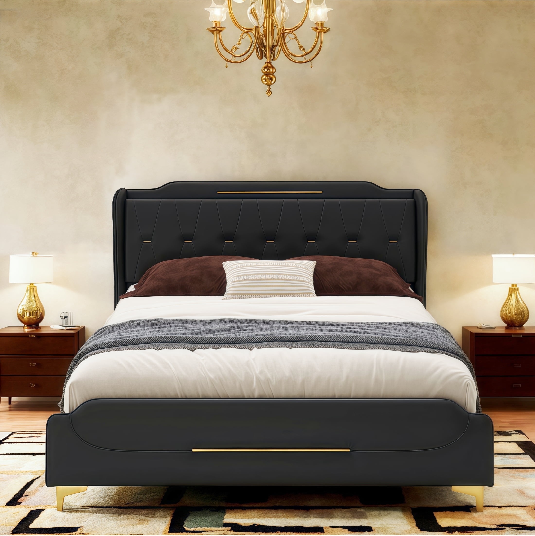 Black Faux Leather Queen Bed with Wingback Headboard and Gold Accents
