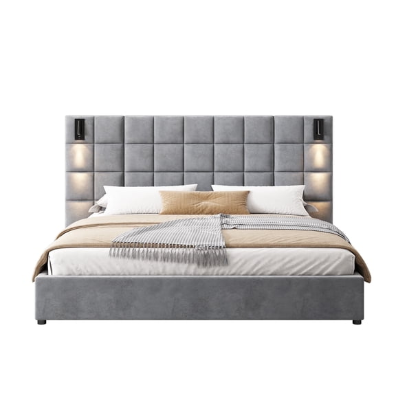 GDF Studio Luxurious Velvet King Bed with USB Port & Reading Lamp, Grey