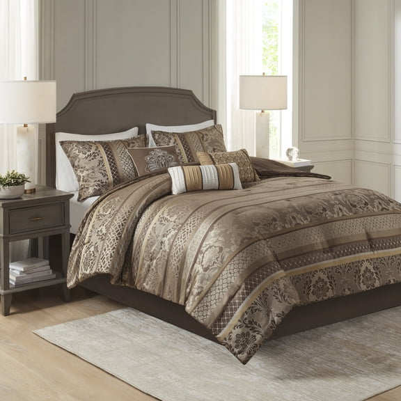 GDF Studio Luxury 7-Piece Jacquard Comforter Set with Decorative Pillows, King Size, Brown+Gold