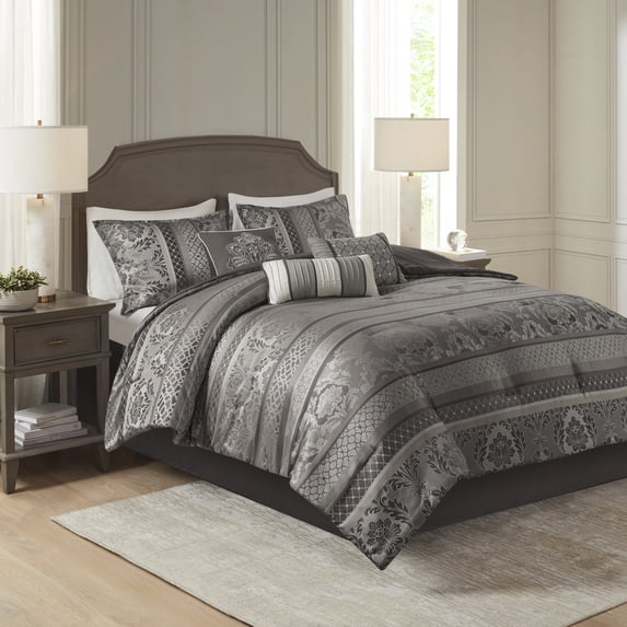 GDF Studio Luxury 7-Piece Jacquard Comforter Set with Decorative Pillows, King Size, Gray