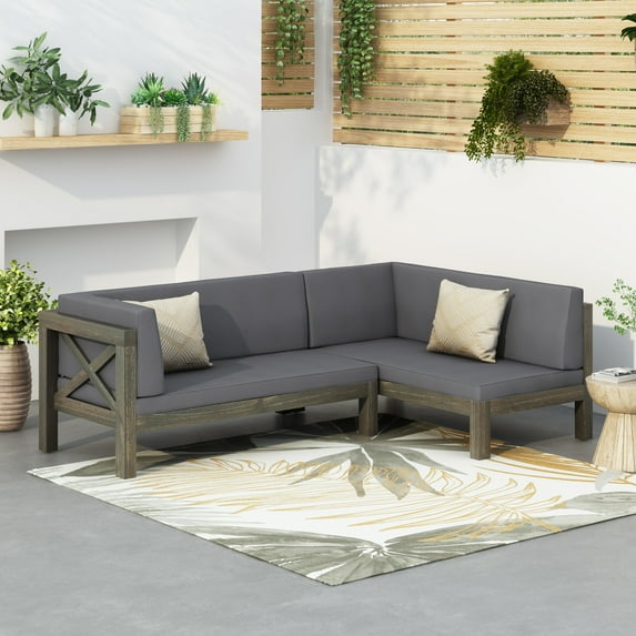 GDF Studio Lyra Outdoor Acacia Wood Right Facing Chaise Lounge Sofa, Grey Finish + Dark Grey
