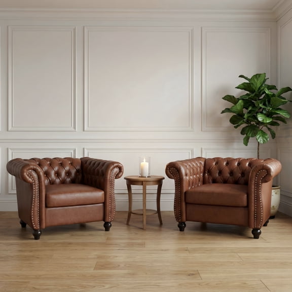GDF Studio Madelena Chesterfield Faux Leather Club Chairs, Set of 2, Cognac Brown and Dark Brown