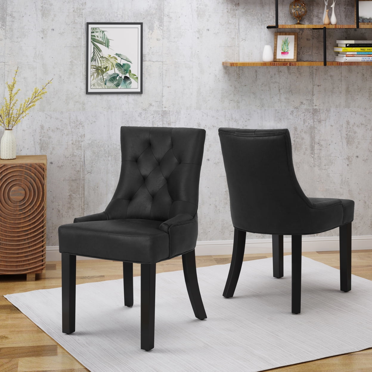 GDF Studio Maggie Contemporary Tufted Dining Chairs, Set of 2, Black Microfiber and Espresso