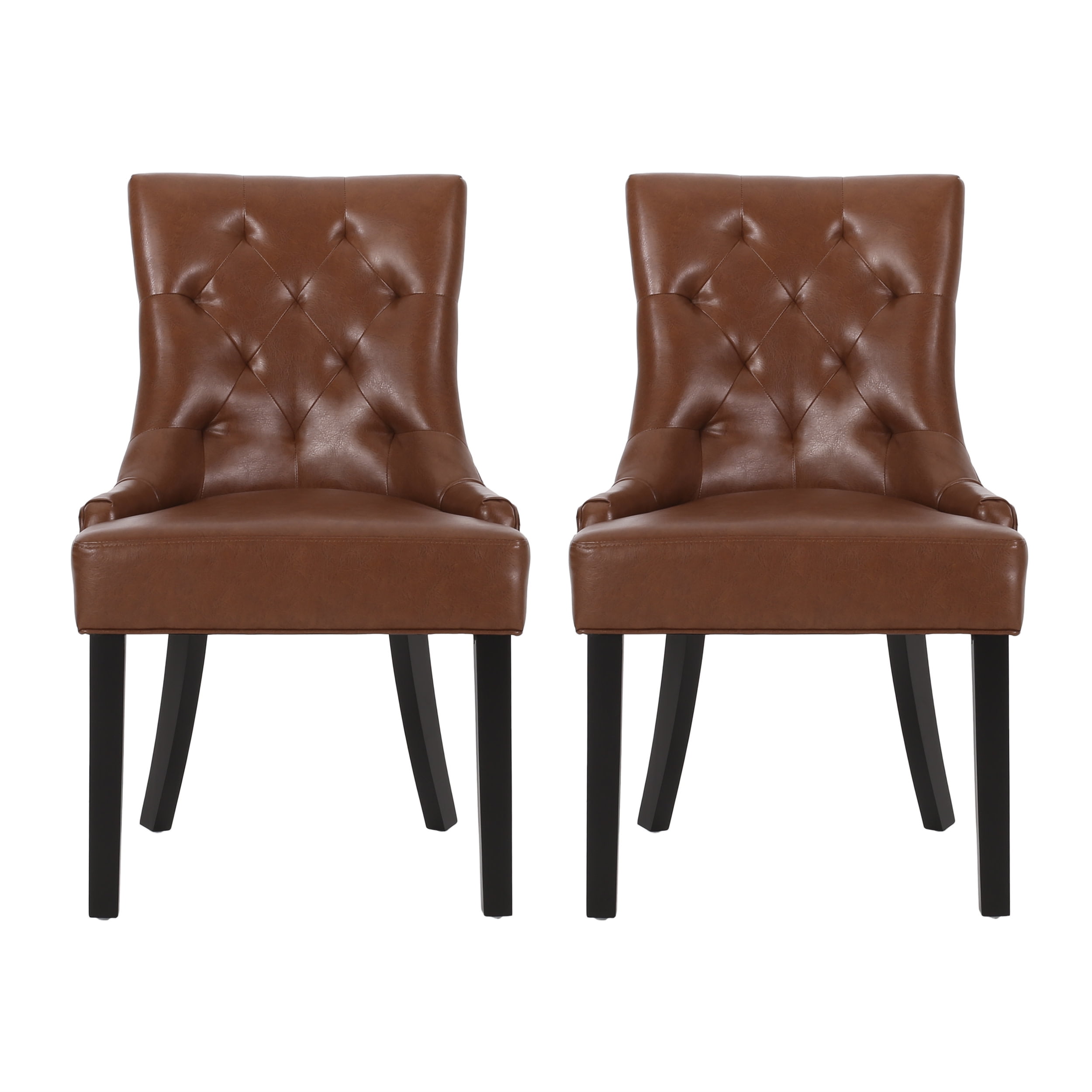Cognac Brown Faux Leather Upholstered Dining Chairs with Wood Legs