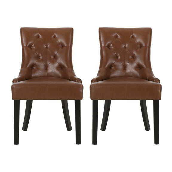 GDF Studio Maggie Contemporary Tufted Dining Chairs, Set of 2, Cognac Brown Faux Leather and Dark Brown