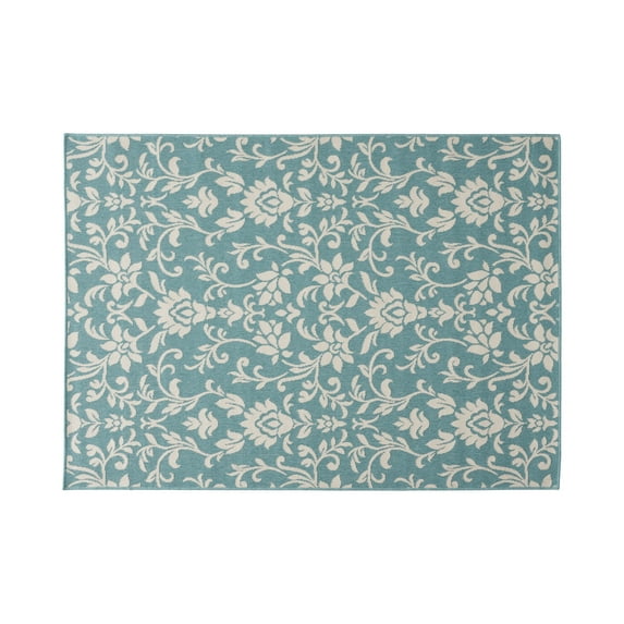 GDF Studio Maggie Foam Outdoor 5'3" x 7' Botanical Area Rug, Blue and Ivory