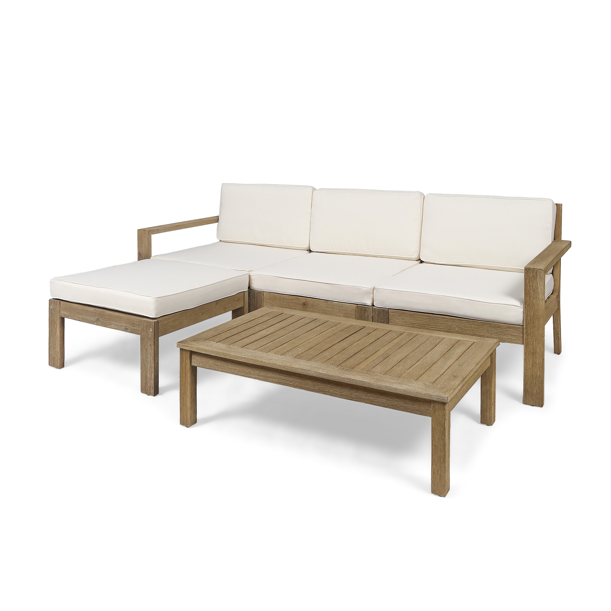 GDF Studio Makayla Outdoor 3 Seater Acacia Wood Sofa Sectional, Light Brown and Cream - image 1 of 10