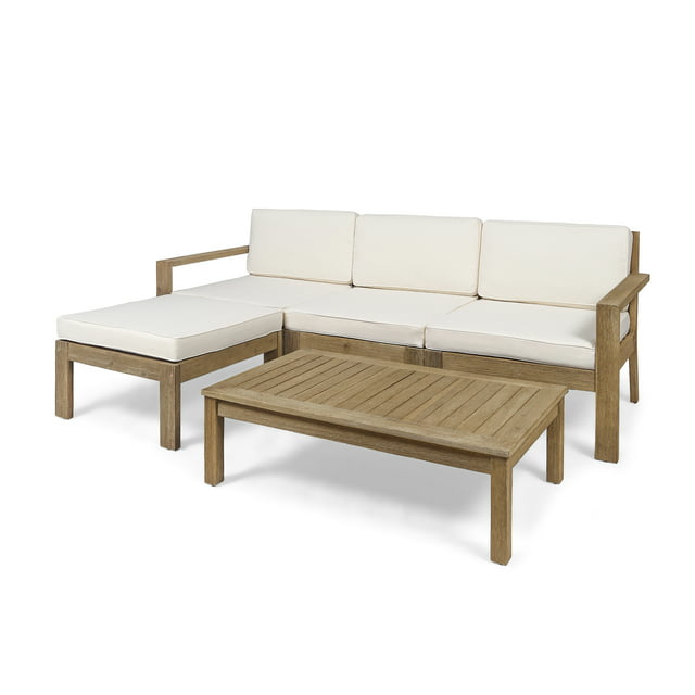 GDF Studio Makayla Outdoor 3 Seater Acacia Wood Sofa Sectional, Light Brown and Cream