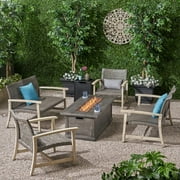 GDF Studio Makayla Outdoor Acacia Wood and Wicker 6 Seater Chat Set with Fire Pit, Mixed Black, Light Gray