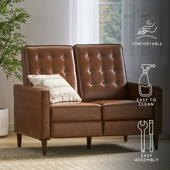 GDF Studio Manville Contemporary Tufted Loveseat Pushback Recliner, Cognac Brown Faux Leather and Dark Espresso
