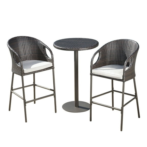 GDF Studio Markey Outdoor Wicker 3 Piece Bistro Bar Set with Cushion, Multibrown and Light Brown