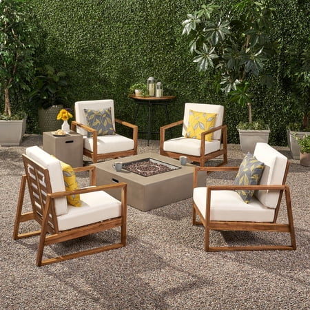 GDF Studio Marlee Outdoor 4 Seater Chat Set with Fire Pit, Teak and Light Gray
