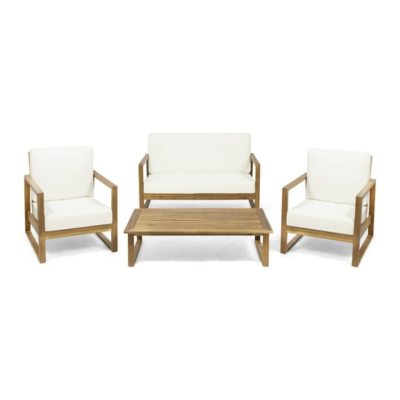 GDF Studio Marlee Outdoor Acacia Wood 4 Seater Chat Set with Coffee Table, Teak Finish and Beige