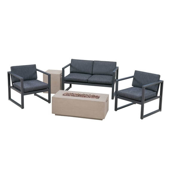 GDF Studio Marquis Outdoor Aluminum 4 Seater Chat Set with Fire Pit, Dark Gray and Light Gray