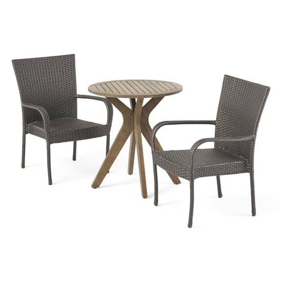GDF Studio Martinique Outdoor Acacia Wood and Wicker 3 Piece Bistro Set, Gray