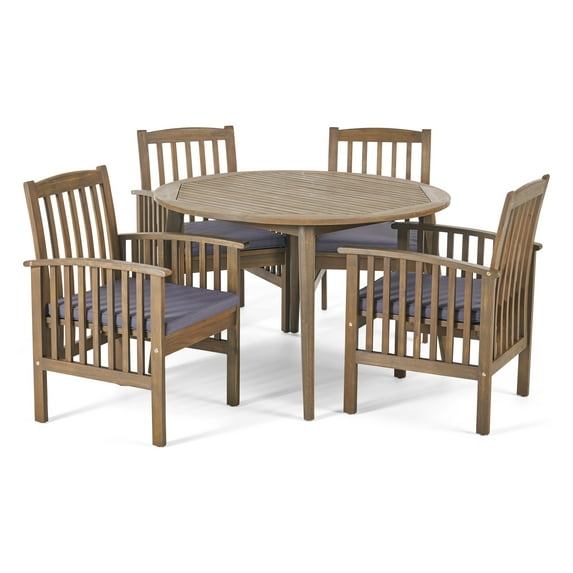 GDF Studio Maura Outdoor Acacia Wood 5 Piece Dining Set with Cushion, Gray and Dark Gray