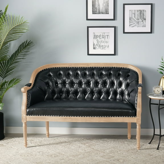 GDF Studio Megan French Country Tufted Upholstered Loveseat, Midnight Black Faux Leather and Gray