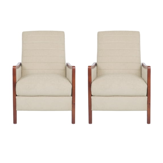 GDF Studio Mendota Mid Century Modern Fabric Channel Stitch Wood Pushback Recliners, Set of 2, Sand and Walnut