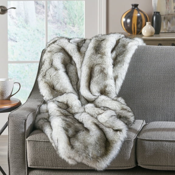 GDF Studio Merganser Modern Glam Faux Fur Throw Blanket, White and Gray