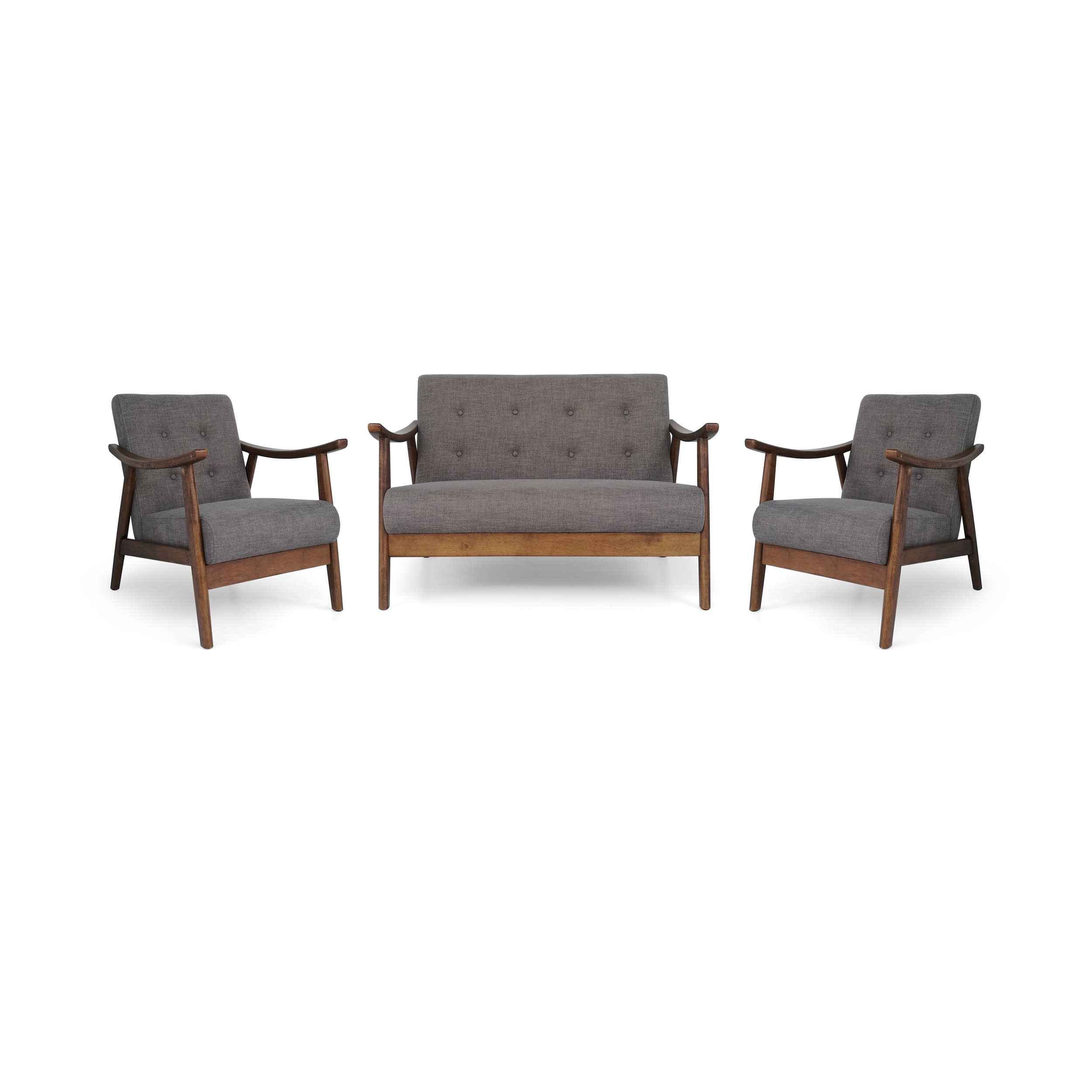 GDF Studio Merion Mid Century Modern Fabric Tufted 3 Piece Loveseat Living Room Set, Dark Gray and Brown