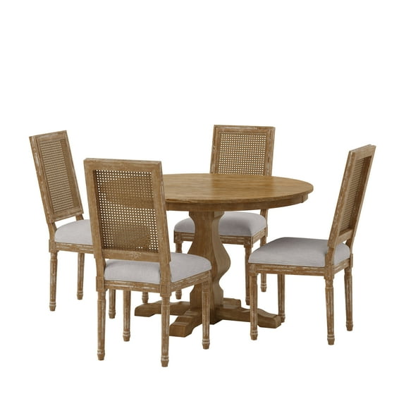 GDF Studio Merlene French Country Fabric Upholstered Wood and Cane 5 Piece Circular Dining Set, Natural and Light Gray