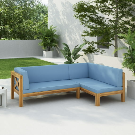GDF Studio Mid-Century Modern 2 Piece Outdoor Patio Sofa Set, Left Corner Couch with Solid Wood Frame, Removable Cushions, Slat Design, Blue