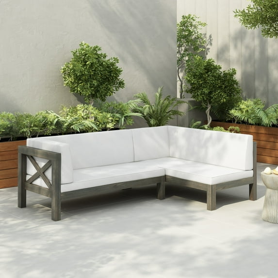 GDF Studio Mid-Century Modern 2 Piece Outdoor Patio Sofa Set, Left Corner Couch with Solid Wood Frame, Removable Cushions, Slat Design, White