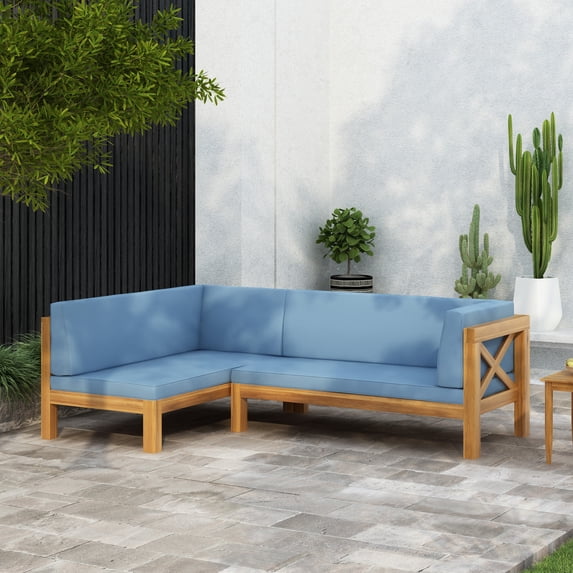 GDF Studio Mid-Century Modern 2 Piece Outdoor Patio Sofa Set, Right Corner Couch with Solid Wood Frame, Removable Cushions, Slat Design, Beige