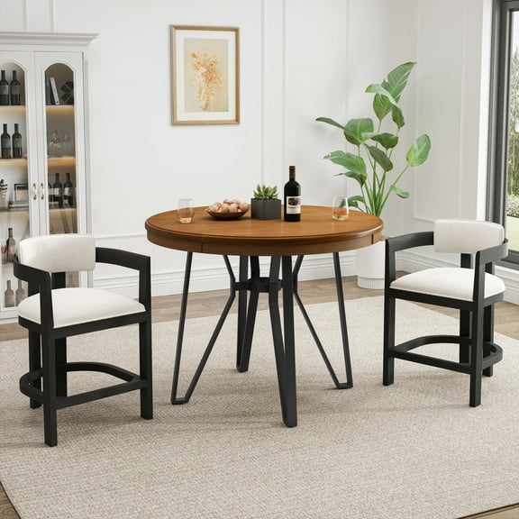 GDF Studio Mid-Century Modern 3-Piece Bar Set with Round Bar Table and Upholstered Counter Stools, Beige+Black+Light Ash