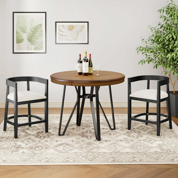GDF Studio Mid-Century Modern 3-Piece with Bar Table and Open-Back Counter Stools, Beige+Black+Light Ash